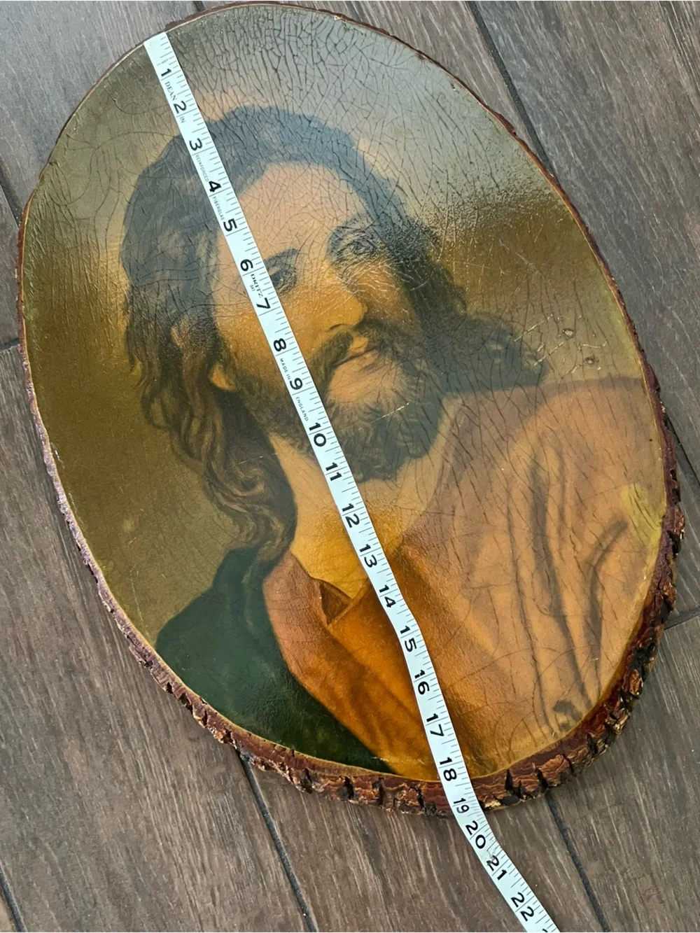 Vintage Decoupage Jesus Head of Christ Wood Slab Wall Hanging